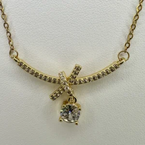 Gold X-Cross Crystal Bar Necklace with Solitaire Drop | Zeray