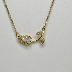 Gold Rose Bud Crystal Leaf Pendant Necklace | Botanical | Zeray