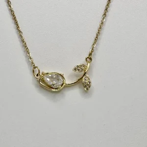 Gold Rose Bud Crystal Leaf Pendant Necklace | Botanical | Zeray