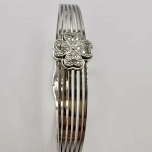 Silver Multi-Track Ribbed Bangle with Crystal Clover | Stainless Steel | Zeray