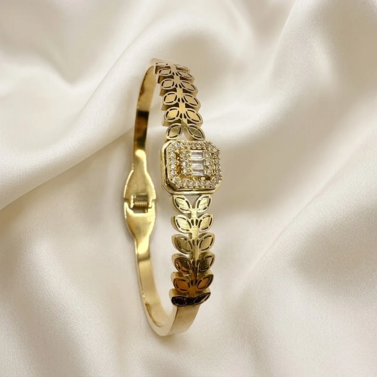 Gold Botanical Cutout Bangle with Crystal Halo Cluster | Zeray - Image 2