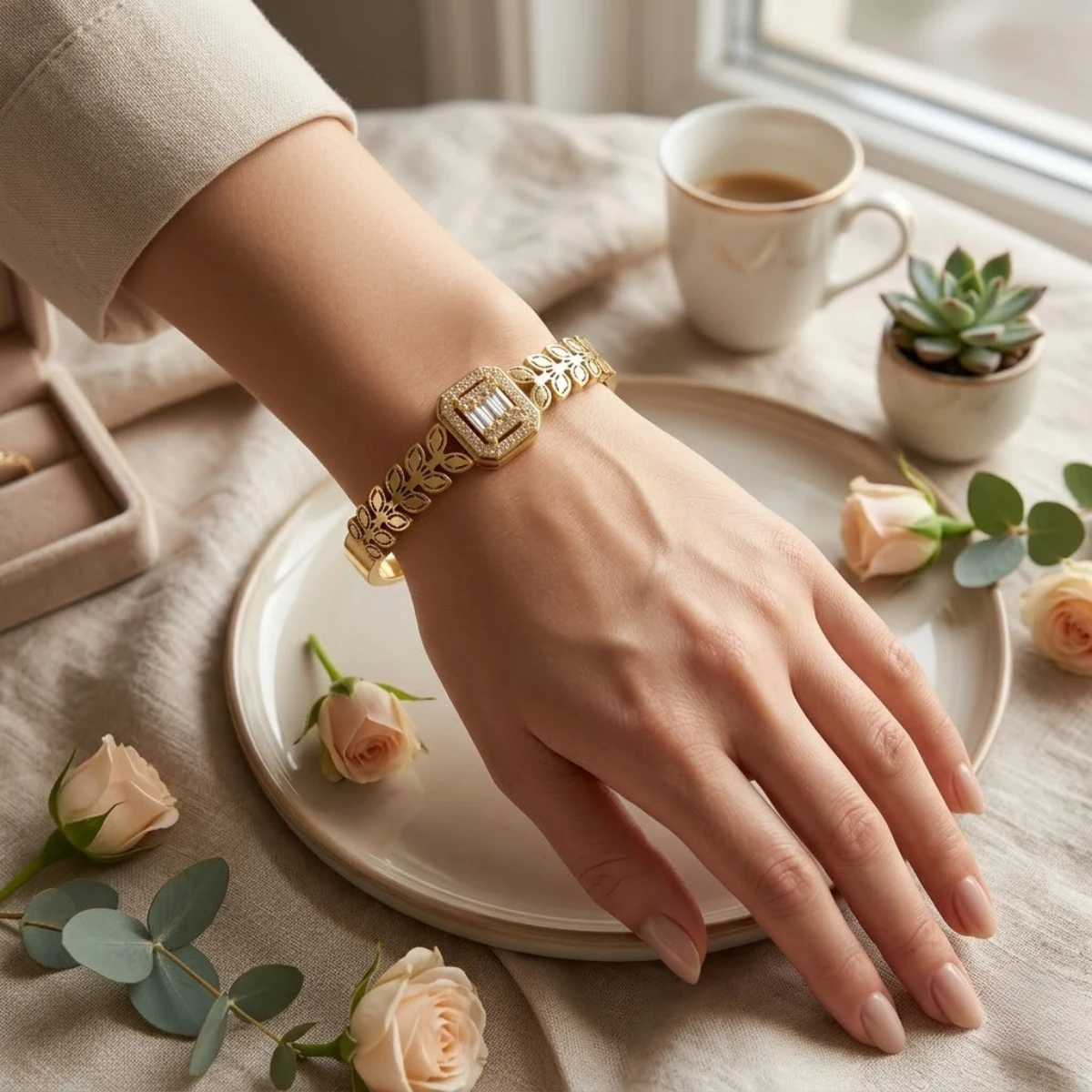 Gold Botanical Cutout Bangle with Crystal Halo Cluster | Zeray - Image 3