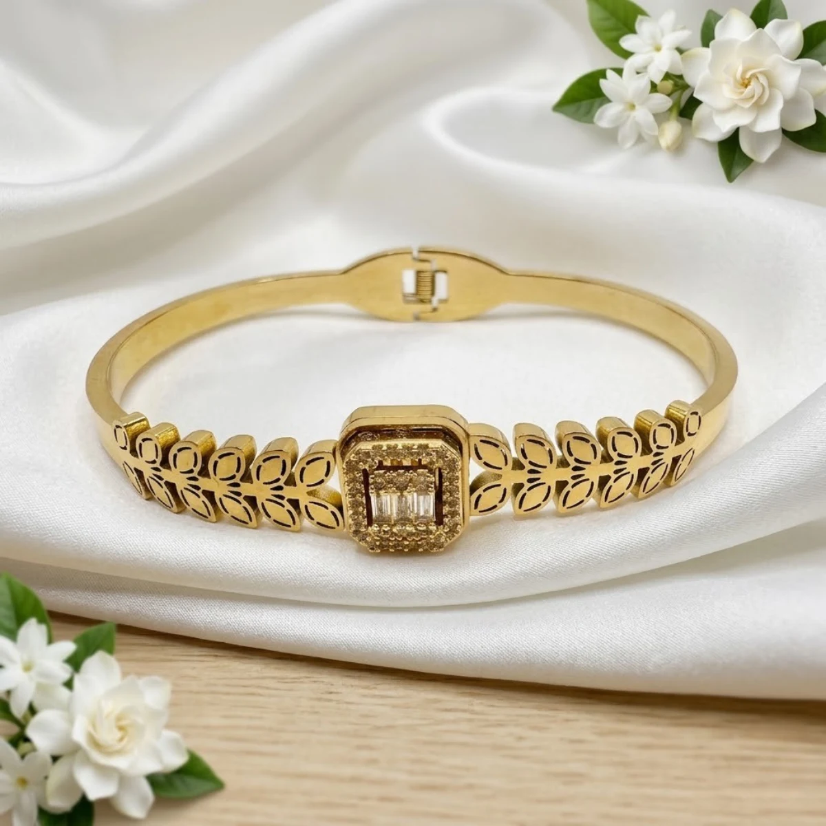 Gold Botanical Cutout Bangle with Crystal Halo Cluster | Zeray - Image 4