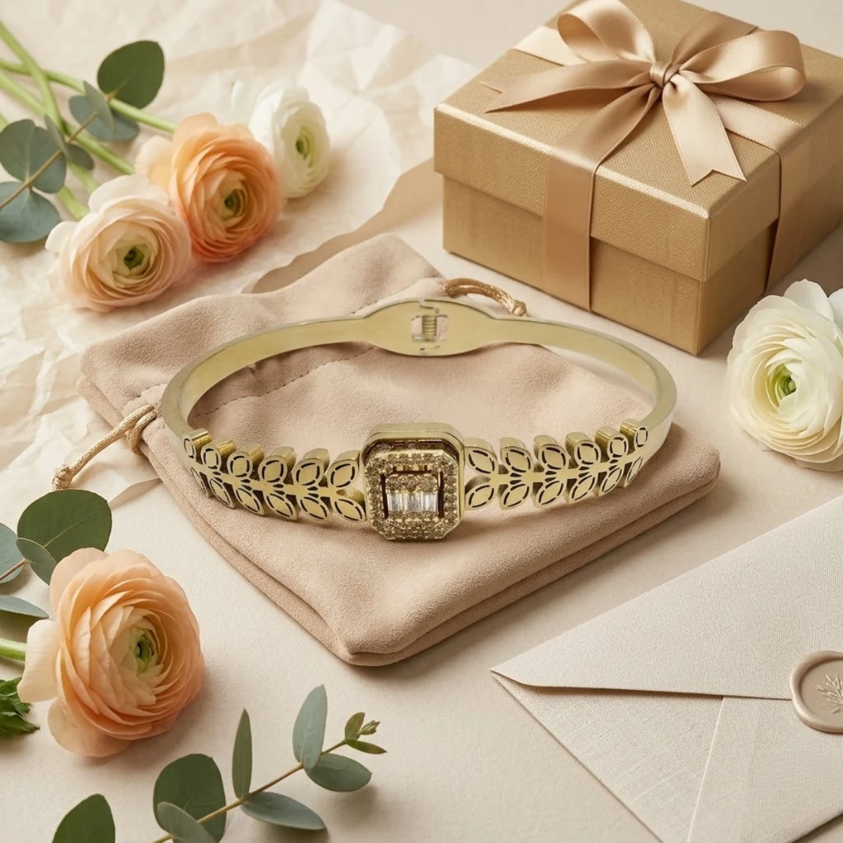 Gold Botanical Cutout Bangle with Crystal Halo Cluster | Zeray - Image 5