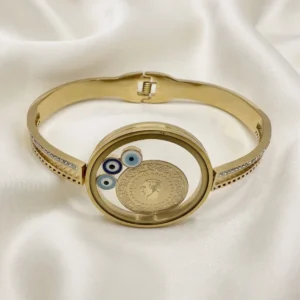 Gold Evil Eye & Ottoman Coin Locket Bangle | Floating Charm | Zeray