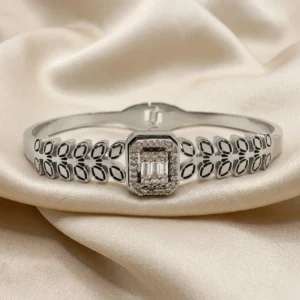 Silver Botanical Cutout Bangle with Crystal Halo Cluster | Zeray