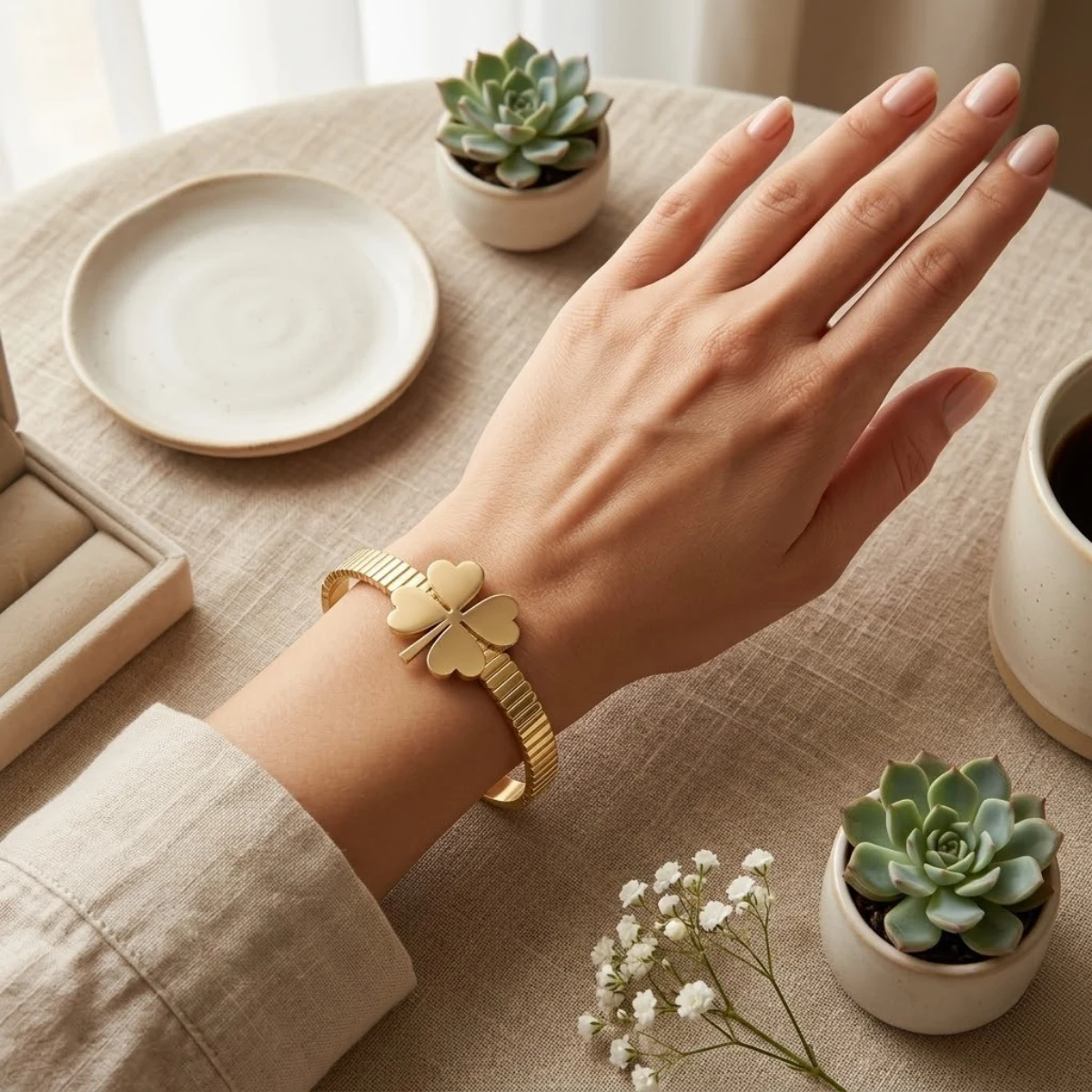 Gold Four-Leaf Clover Bangle Bracelet | Lucky Charm Cuff | Zeray - Image 3