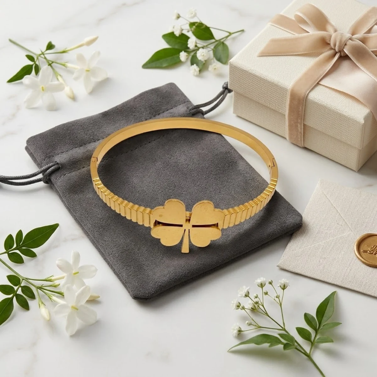Gold Four-Leaf Clover Bangle Bracelet | Lucky Charm Cuff | Zeray - Image 4