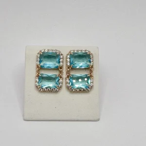 Gold Double Blue Topaz Emerald-Cut Drop Earrings | Crystal Halo | Zeray