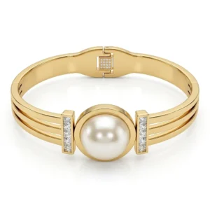 Gold Pearl & Crystal Hinged Bangle | Pearl Centrepiece | Zeray