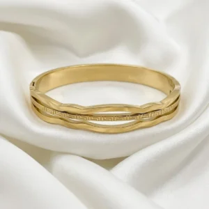 Two-Tone Greek Key Wave Bangle | Gold & Silver Cuff | Zeray