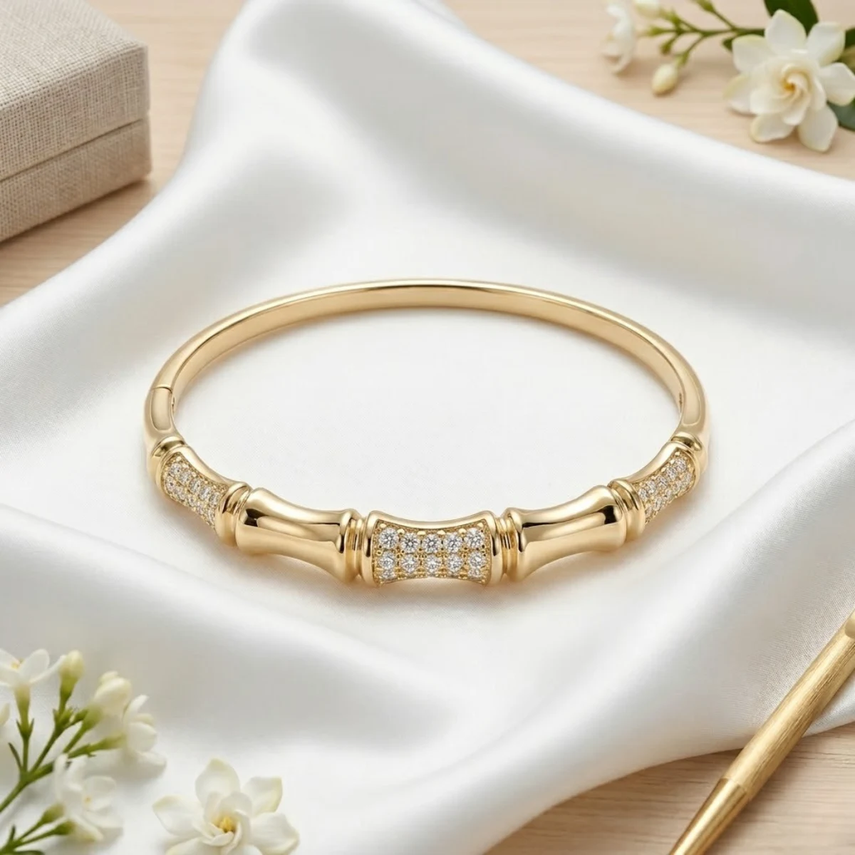 Rose Gold Bamboo Crystal Bangle | Organic Cuff | Zeray - Image 2