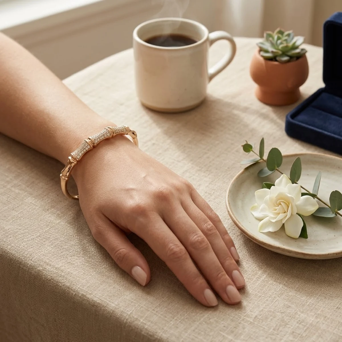 Rose Gold Bamboo Crystal Bangle | Organic Cuff | Zeray - Image 3