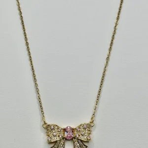 18K Gold Plated Bow Pendant Necklace | Pink Crystal | Zeray