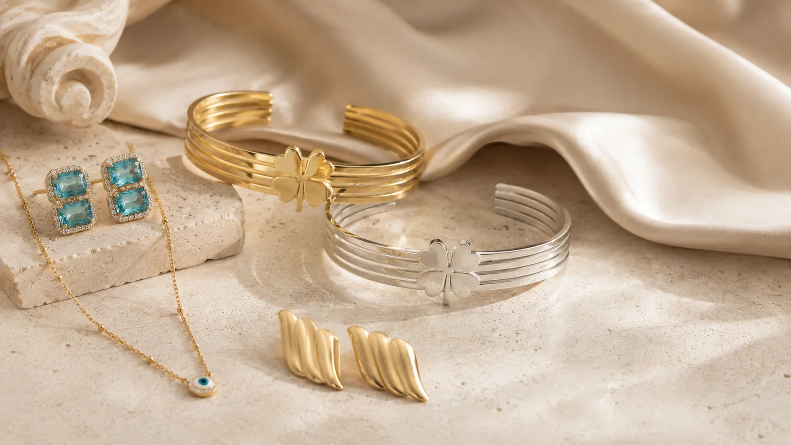 Selection of Zeray statement earrings, bangles and pendant jewellery styled together